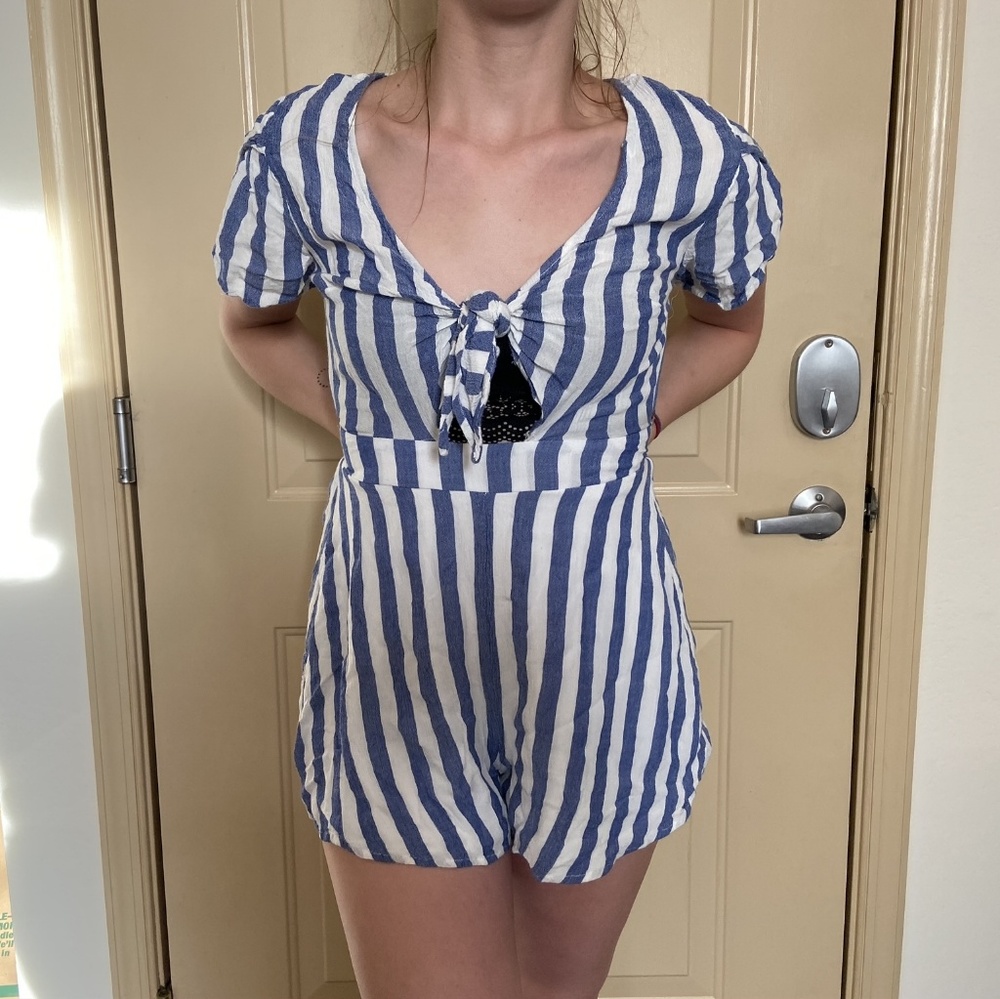 Blue and white striped romper